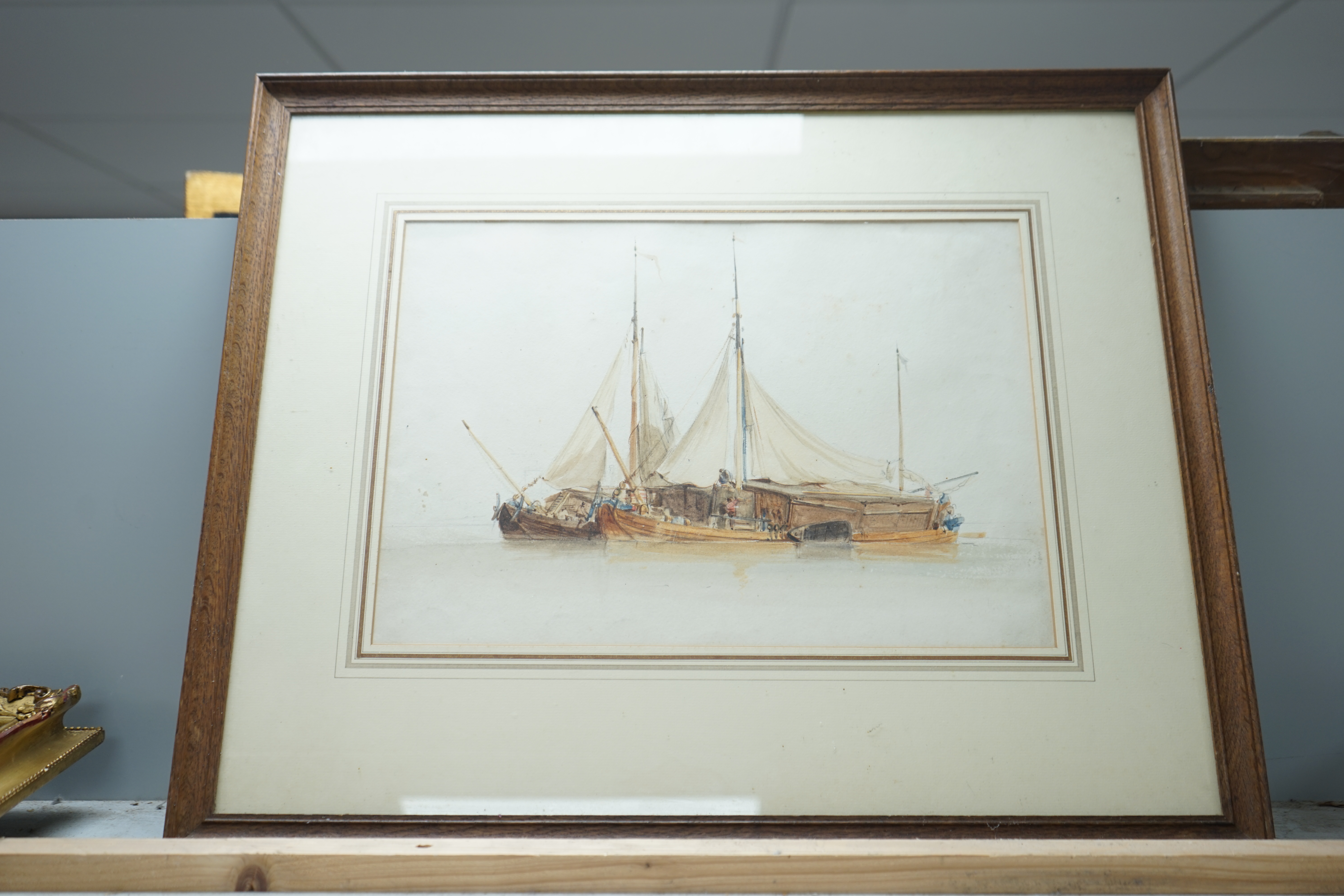 Alfred Vickers (1810-1837), watercolour, ‘Shipping in a calm’, unsigned, inscribed label verso, 25 x 34cm. Condition - fair